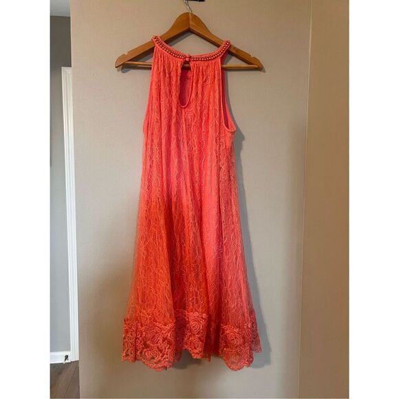 Adrianna Papell 10 High Neck Sleeveless Cocktail Dress Coral Pink Lace Overlay - Picture 11 of 14
